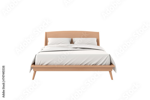 wooden headboard bed with crisp white linen isolated on transparent background.