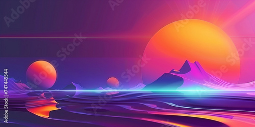 Fantastic abstract landscape background pattern. Cyberpunk and vaporwave style. Purple, red, blue bright colors. Abstract horizontal banner. 80's graphic design style. Digital artwork raster bitmap. 