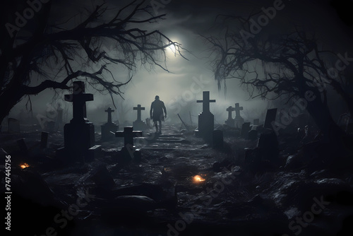 In the moonlit graveyard, a shadowy figure in tattered rags emerges from a weathered tombstone, with gnarled branches overhead and misty wisps of fog coiling around ancient, eerie crypts