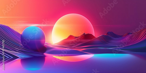 Fantastic abstract landscape background pattern. Cyberpunk and vaporwave style. Purple, red, blue bright colors. Abstract horizontal banner. 80's graphic design style. Digital bitmap. AI artwork.
