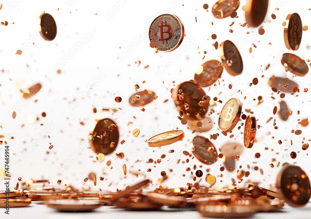 Fototapeta premium bitcoin stacks of brown coins dropping from isolated, white background