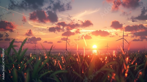 Wind Turbines in field at Sunset. Renew energy and sustainability development concept 