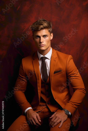 Before a solid rust backdrop, a handsome male model showcases his bright business wear with finesse. His impeccable hairstyle and confident stance exude an air of effortless sophistication.