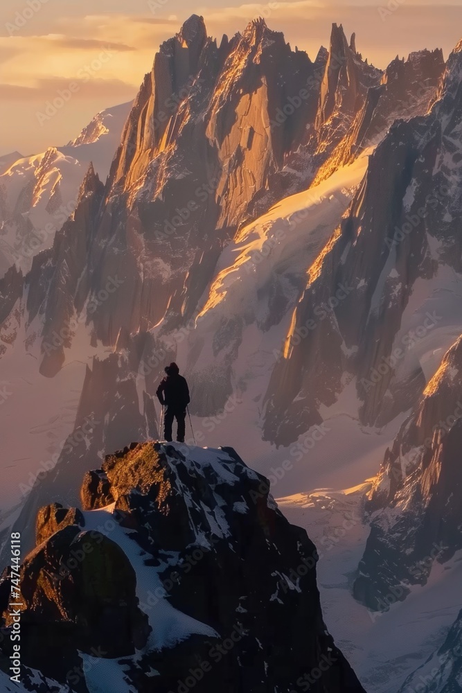A man standing on a snow covered mountain peak. Perfect for outdoor adventure concepts