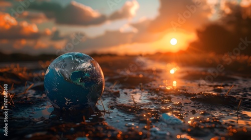 Earth Globe on Mud at Sunset with Sparkling Water Reflections. Campaign against deforestation. Earth day and sustainable concept. 