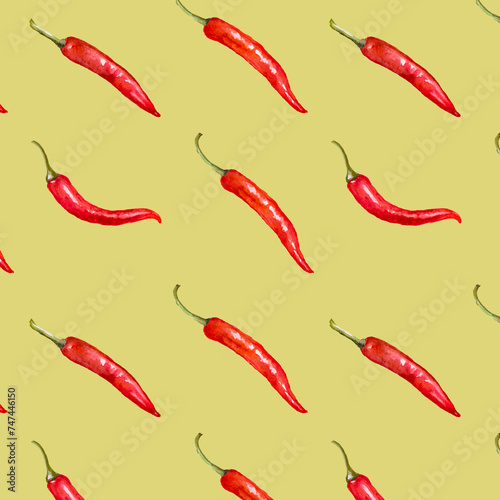Hand drawn Pepper pattern, red vegetables on a ochre background, yellow background with red peppers, spice, peppers watercolor illustration, food pattern 
