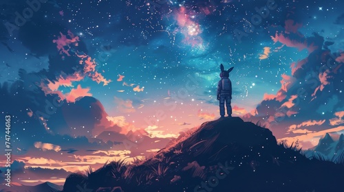 Peaceful yet thrilling, a space-suited rabbit sets camp on a mountain peak, eyes set on the stars above as a rocket launch nears