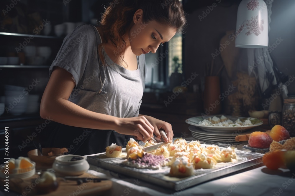 A woman preparing food in a kitchen. Suitable for culinary concepts