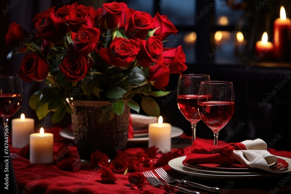 romantic dinner setting with red roses and wine glasses on the table romantic dinner setting with red roses and wine glasses on the table