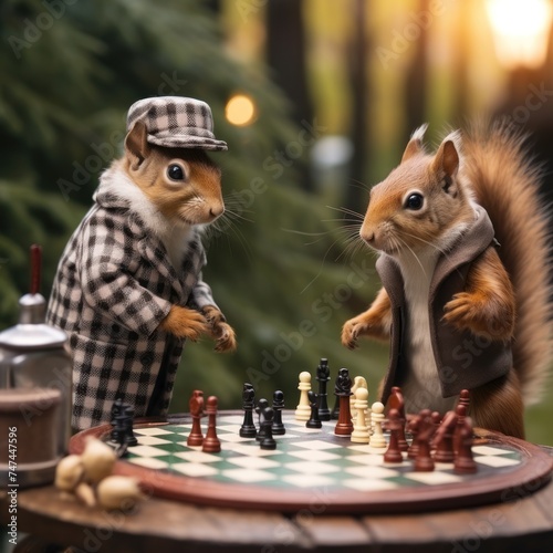 squirrel plays chess. Chess game on the board