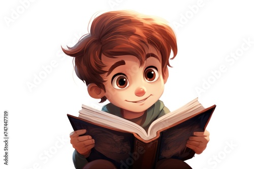 portrait of cute boy reading book on white background 