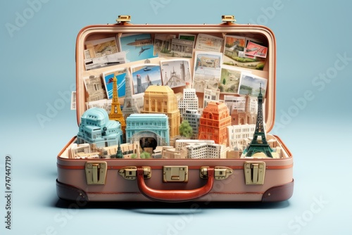 open suitcase with France landmarks inside on white background