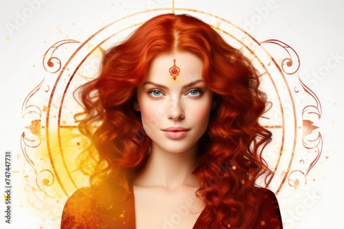 red-haired woman according to the horoscope with symbol of leo and fire, self-confident, on a white background