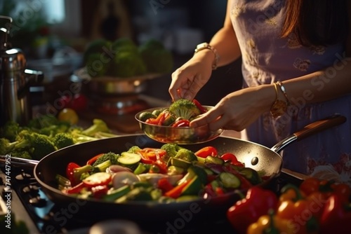 A woman cooking vegetables on a stove. Suitable for cooking and healthy lifestyle concepts