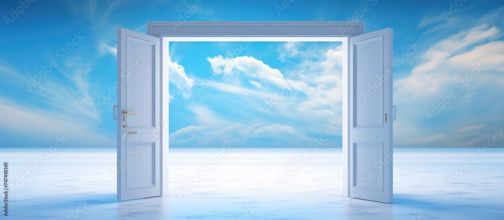 An open door is shown in the foreground, leading directly to a bright, clear blue sky in the background. The door acts as a clear pathway to the sky, creating a sense of openness and possibility. An open door is shown in the foreground, leading directly to a bright, clear blue sky in the background. The door acts as a clear pathway to the sky, creating a sense of openness and possibility.