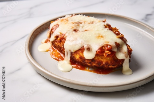 Highly detailed close-up photography of a refined  chicken parmesan on a marble slab against a white marble background. AI Generation