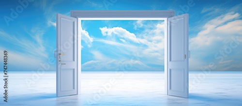 An open door is shown in the foreground  leading directly to a bright  clear blue sky in the background. The door acts as a clear pathway to the sky  creating a sense of openness and possibility.