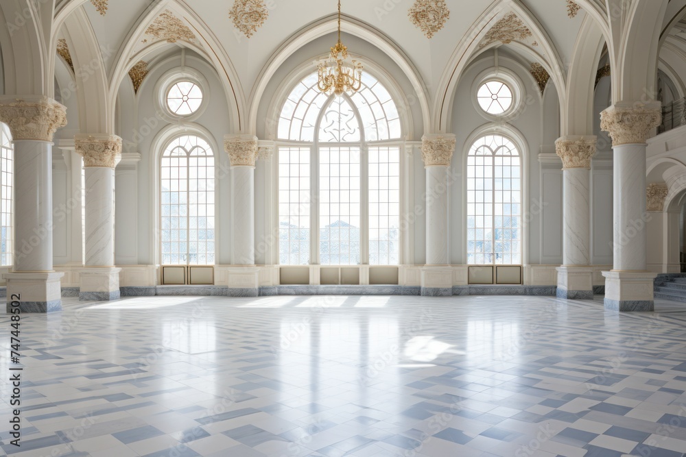 Large hall with marble floors and large arched windows - obrazy, fototapety, plakaty 