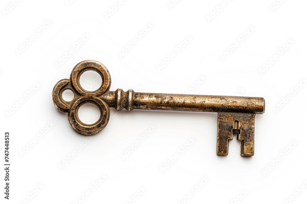 Detailed image of a key on a plain white background. Suitable for security or home concept designs Detailed image of a key on a plain white background. Suitable for security or home concept designs