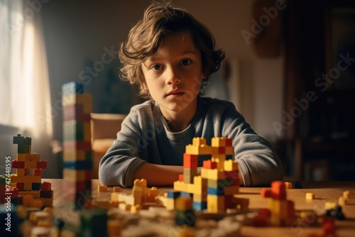 Young boy sitting at a table with a pile, great for educational or childhood themed projects