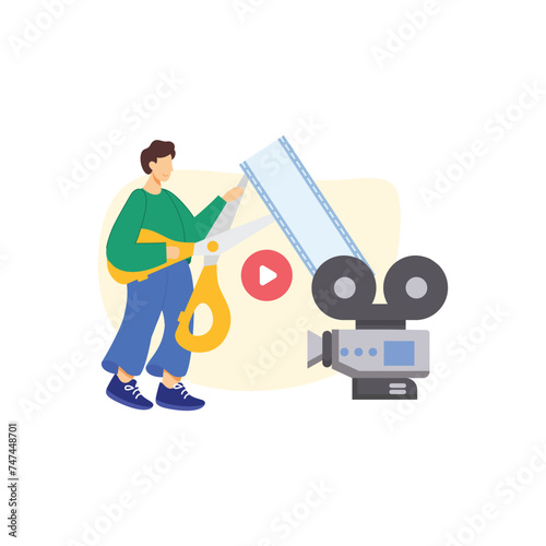 Video Editing production vector illustration. Film editing monitor, clap board, film strip, camera, video player interface