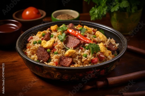 Close-up view photography of an hearty fried rice in a clay dish against a painted brick background. AI Generation