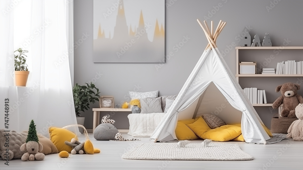 Jasny przytulny pokój dziecka w stylu boho mockup na obraz - dekoracje na ścianie. Szare i żółte kolory wnętrza. Render 3d. Wizualizacja