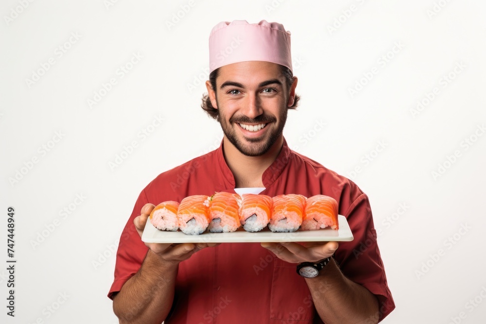 Professional chef presenting a plate of fresh sushi, ideal for restaurant menu design Professional chef presenting a plate of fresh sushi, ideal for restaurant menu design