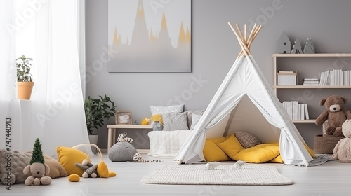 Obraz na płótnie Jasny przytulny pokój dziecka w stylu boho mockup na obraz - dekoracje na ścianie. Szare i żółte kolory wnętrza. Render 3d. Wizualizacja w salonie