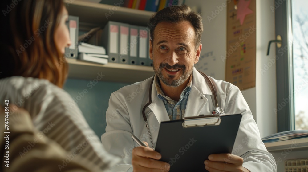 A man in a lab coat conversing with a woman. Suitable for scientific or medical concepts