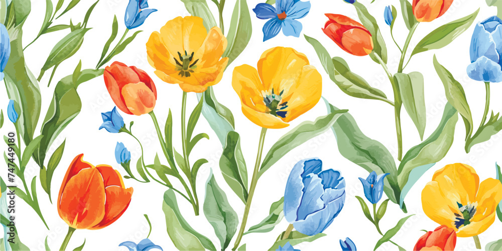 Watercolor floral botanical pattern and seamless background. Ideal for printing onto fabric and paper or scrap booking. Hand painted. Raster illustration.