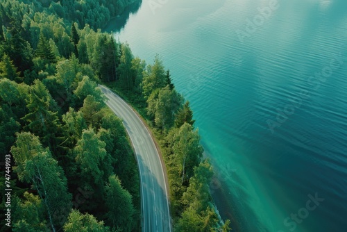Aerial view of a road next to a body of water. Suitable for travel and transportation concepts