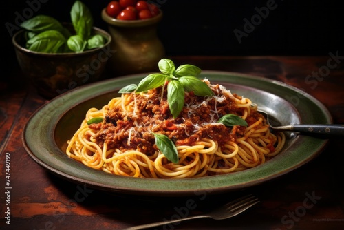 Highly detailed close-up photography of an exquisite spaghetti on a rustic plate against a painted brick background. AI Generation