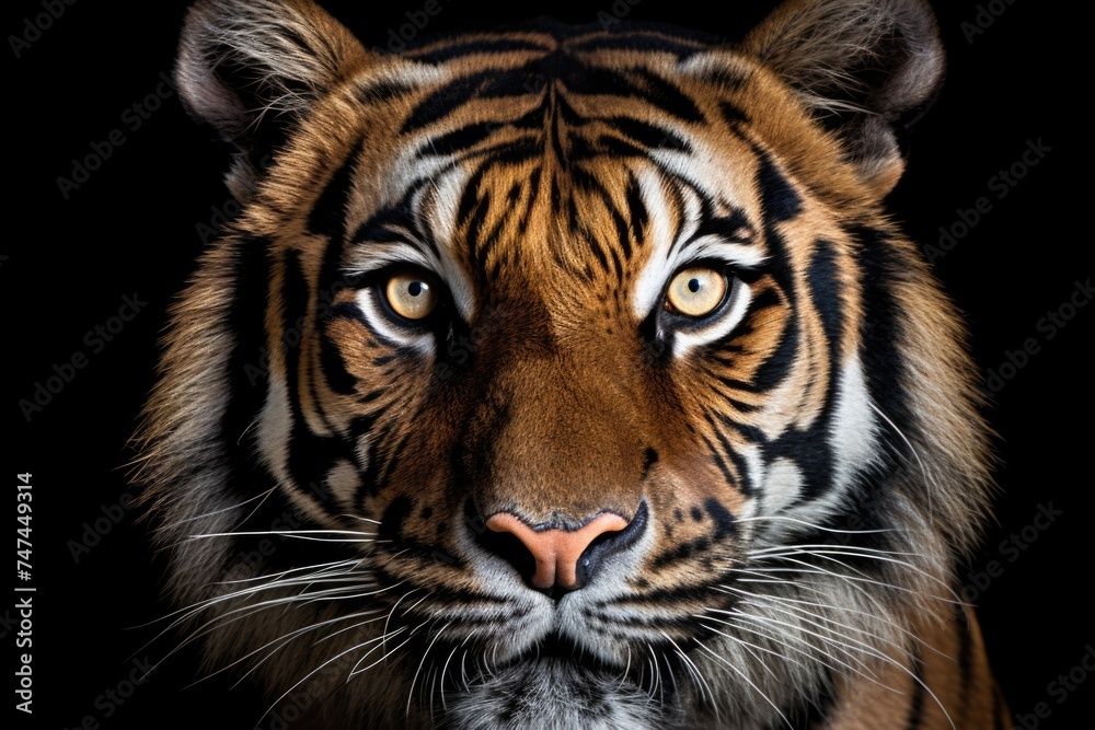 Close up of a tiger's face on a black background. Suitable for wildlife themes