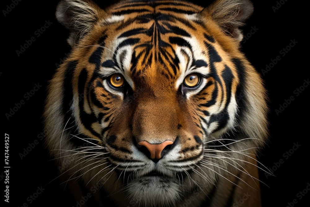 Fototapeta premium Close up of a tiger's face on a black background. Great for wildlife projects