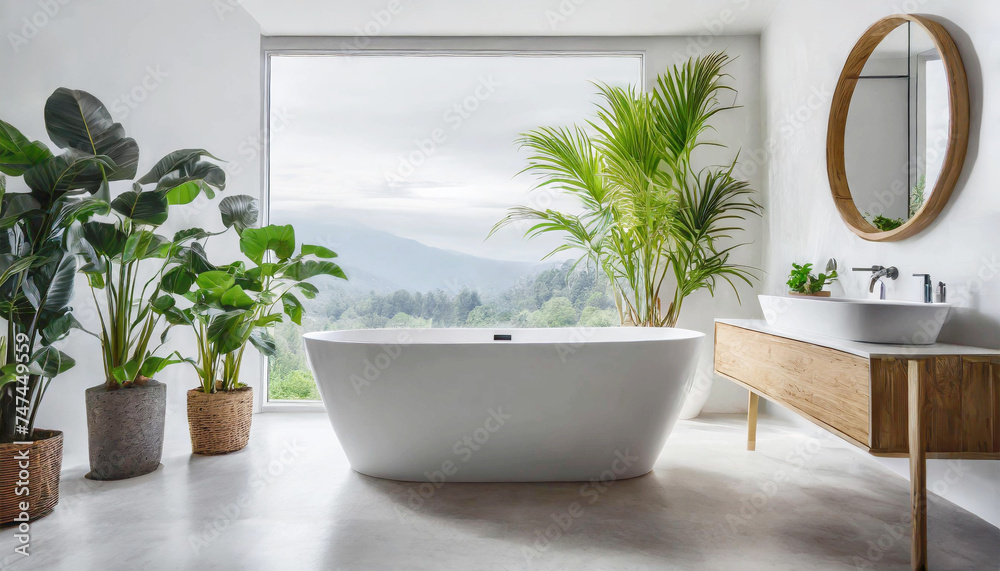 White tub in clean bathroom with plants.