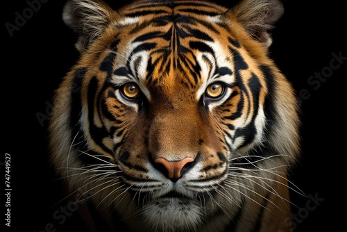 Close up of a tiger s face on a black background. Great for wildlife projects