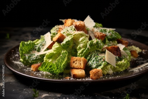 Conceptual close-up photography of a refined caesar salad on a slate plate against a painted brick background. AI Generation