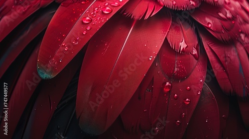 Beautiful red feathers with water drops, ai generative