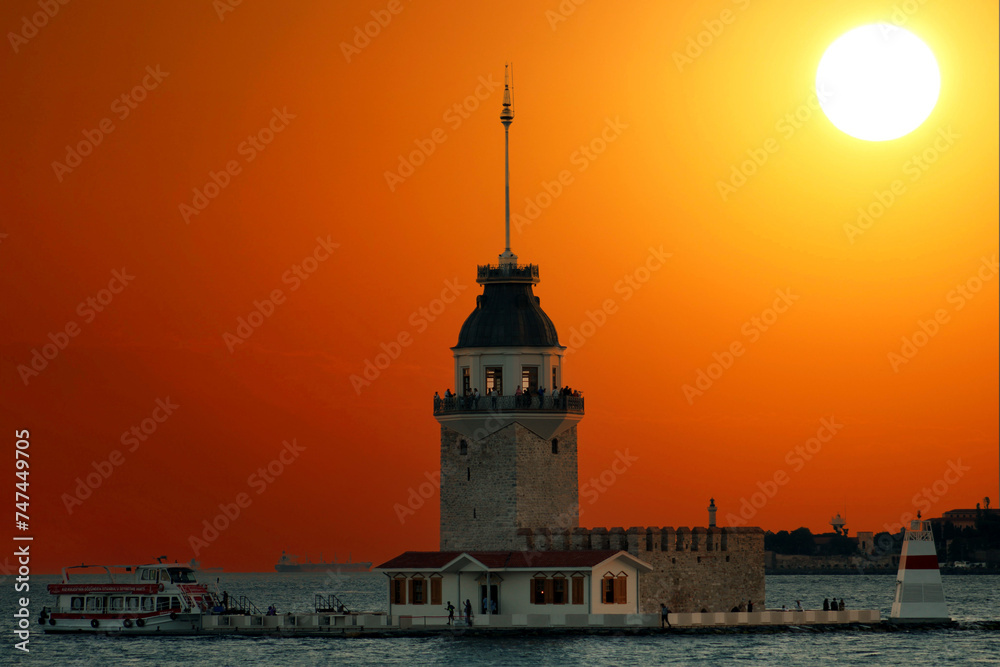 Maiden's Tower and the amazing dramatic sunset. Uskudar, Istanbul