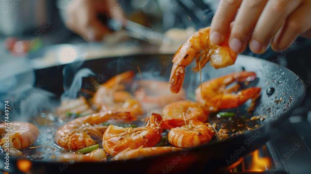 Person cooking shrimp in a frying pan. Ideal for food and cooking concepts Person cooking shrimp in a frying pan. Ideal for food and cooking concepts