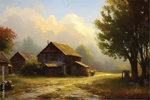 Oil painting of a Beautiful Village. Oil painting - houses in the village. Old historic Village. Oil paintings rural landscape. A rustic village scene, bathed in the ethereal glow of a heaven. 