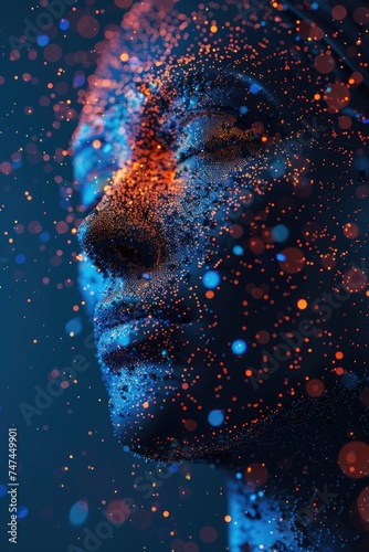 Close-up of a man's face covered in blue and orange speckles. Suitable for medical or cosmetic themes