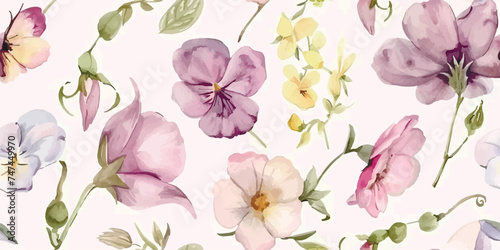 Seamless pattern, Blooming flowers with watercolor on pastel colors. Design for fabric luxurious wallpaper, vintage style. Hand drawn floral pattern. Botany garden