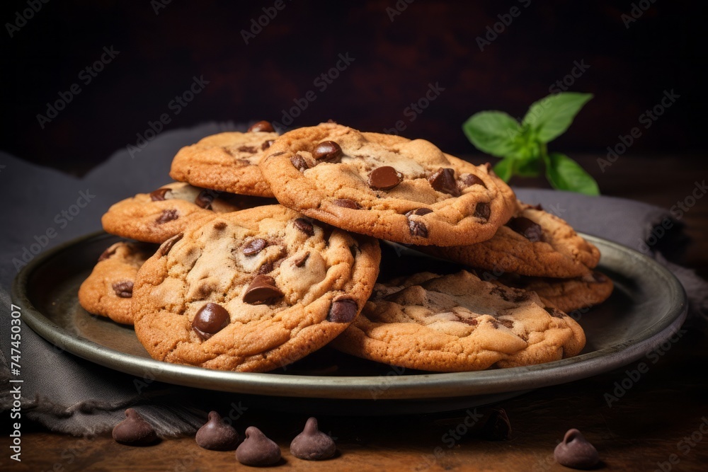 Close-up view photography of a delicious chocolate chip cookies on a slate plate against a painted brick background. AI Generation