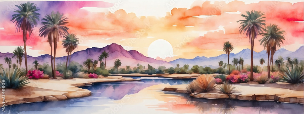 Watercolor desert oasis with palm trees, a serene pond, and a vibrant sunset sky.