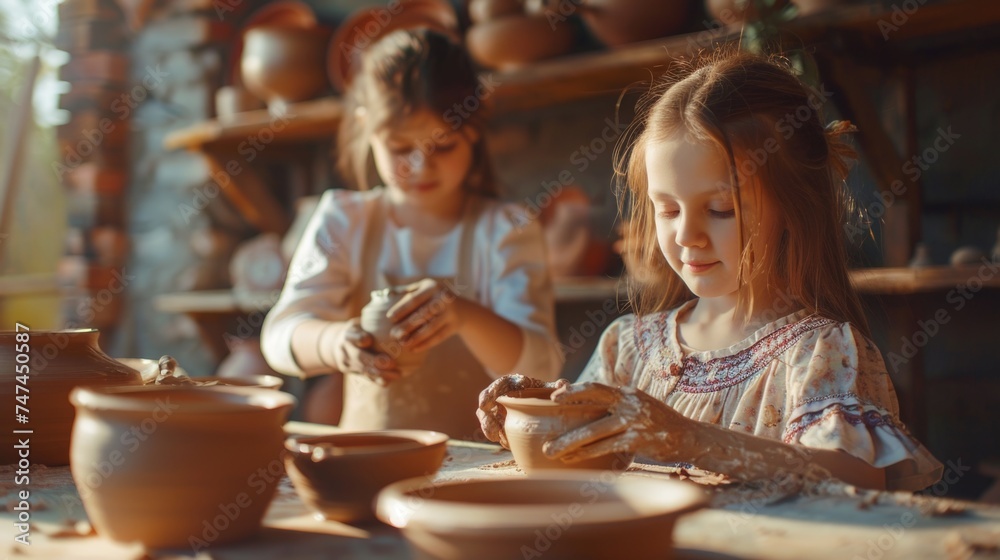 Two girls creating pottery in a pottery shop. Suitable for crafts and education concepts