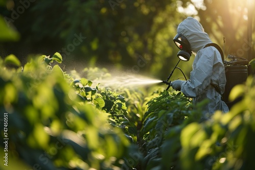 Pest control worker man in a chemical protective suit and mask respirator sprays fertilizer or chemicals with a pesticide applicator in a greenhouse on grown plants, vegetables, fruits, herbs. Concept