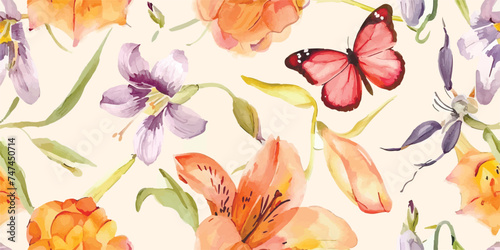 Seamless pattern  Blooming flowers with watercolor on pastel colors. Print with butterfly  dragonfly  beetle  vintage style. Hand drawn floral pattern. Botany garden