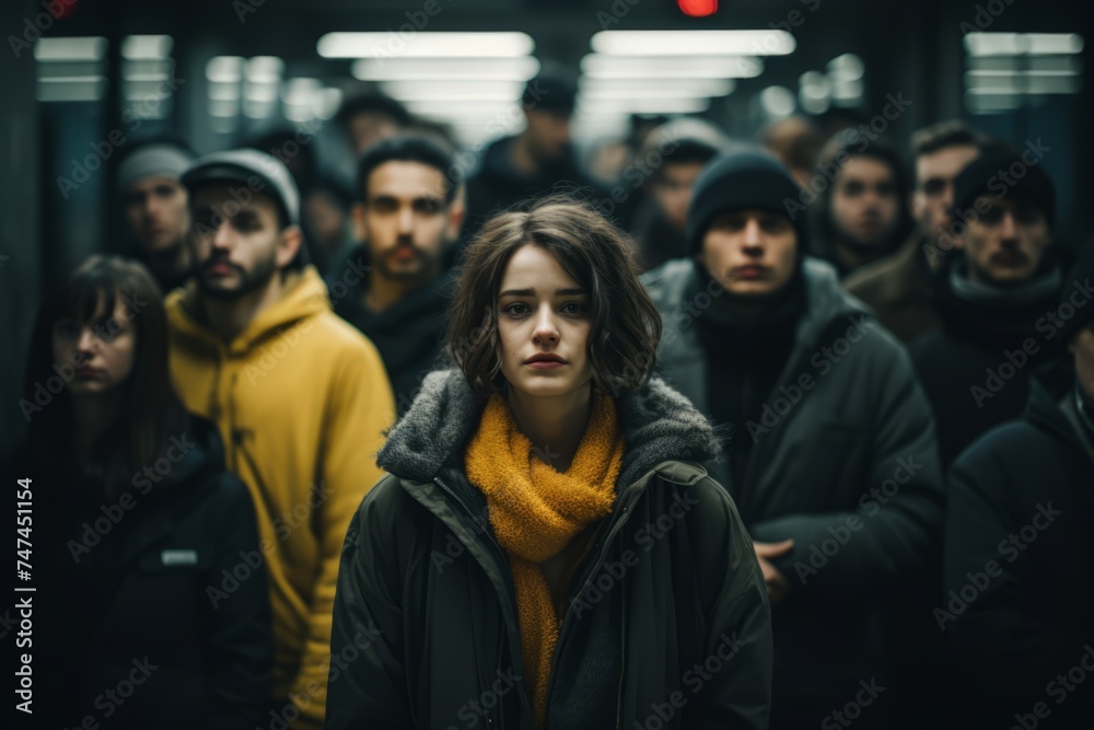 Young woman standing thoughtfully, sadly, in the crowd